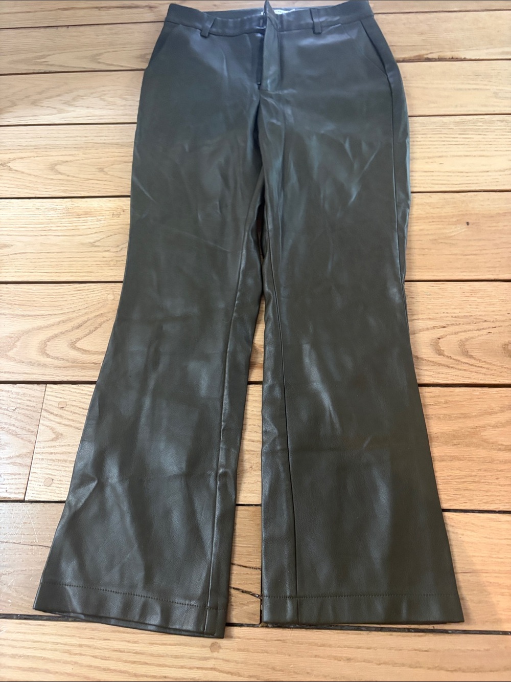 Avec Les Filles faux Leather Flare Jeans in Olive Green